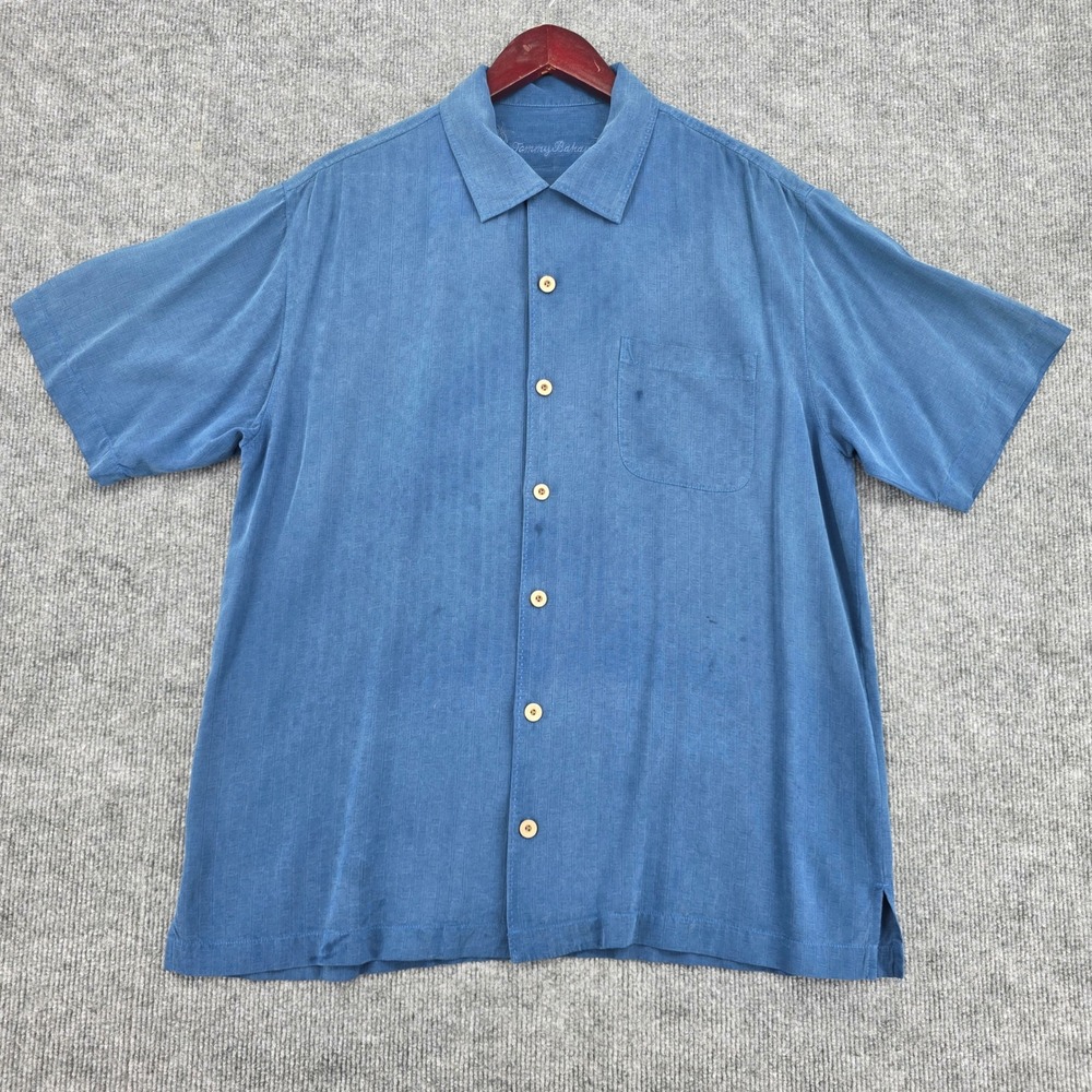 Tommy Bahama Mens Blue 100% Silk Jacquard Short Sleeve Camp Shirt Size M
